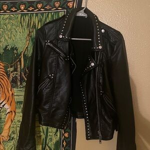 Free People Black Leather Jacket with Studded Biker Style